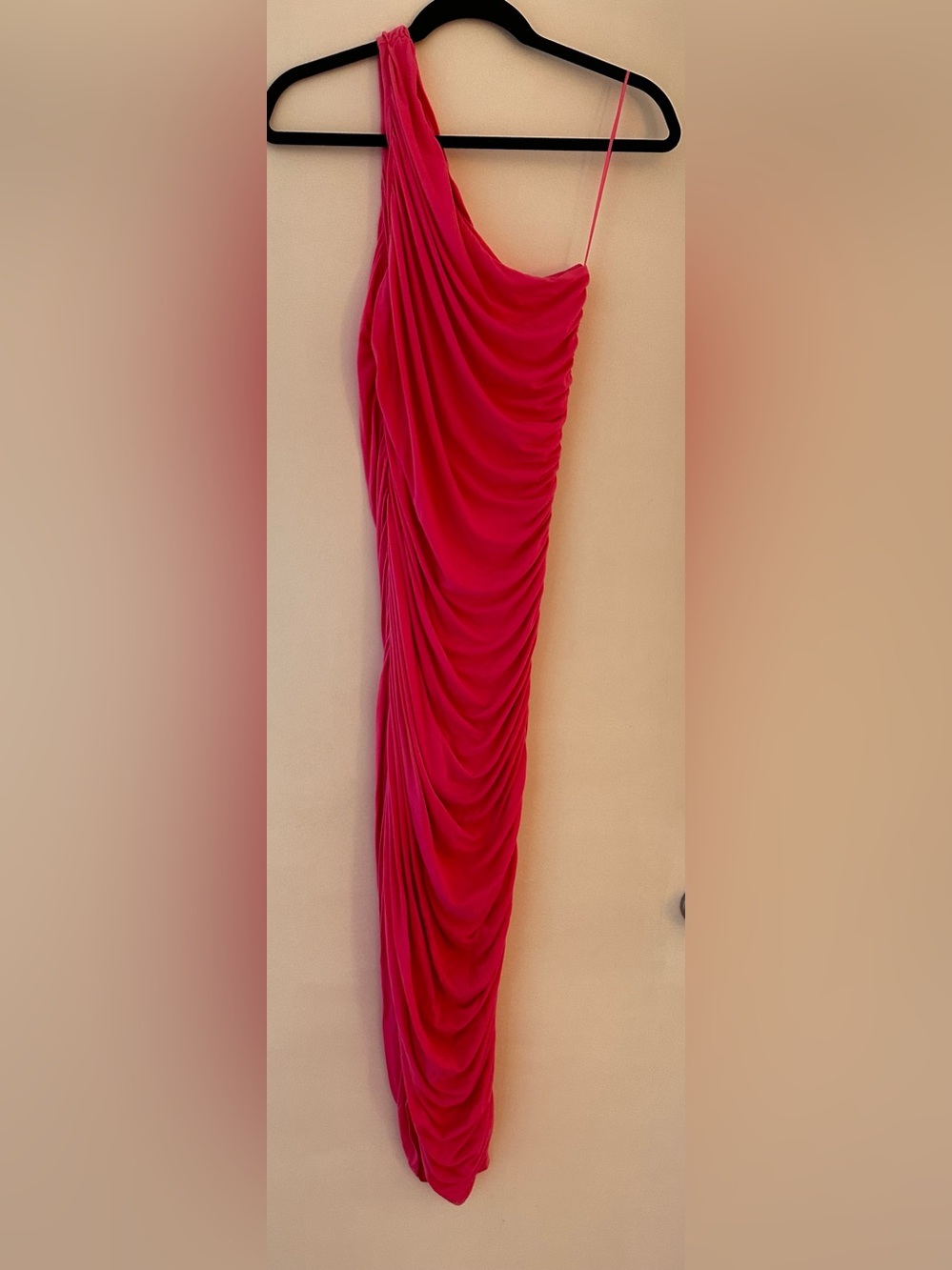 One-Shoulder Pink Ruched Midi Dress - Picture 2 of 4